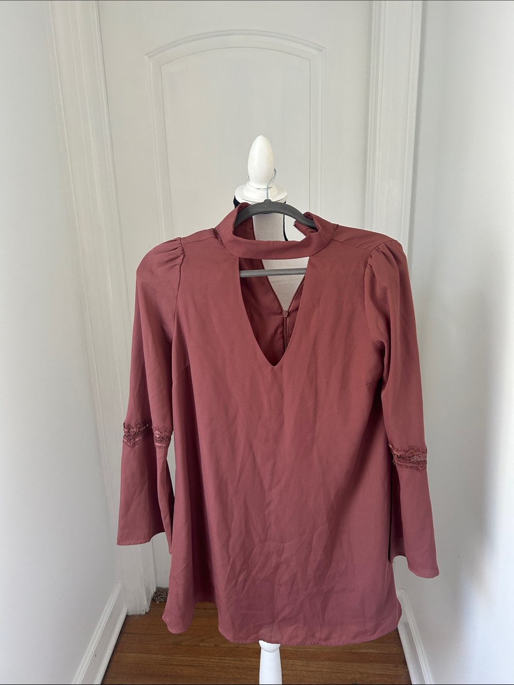 Lucca Rosewood Long-Sleeve V-Neck Blouse with Choker
